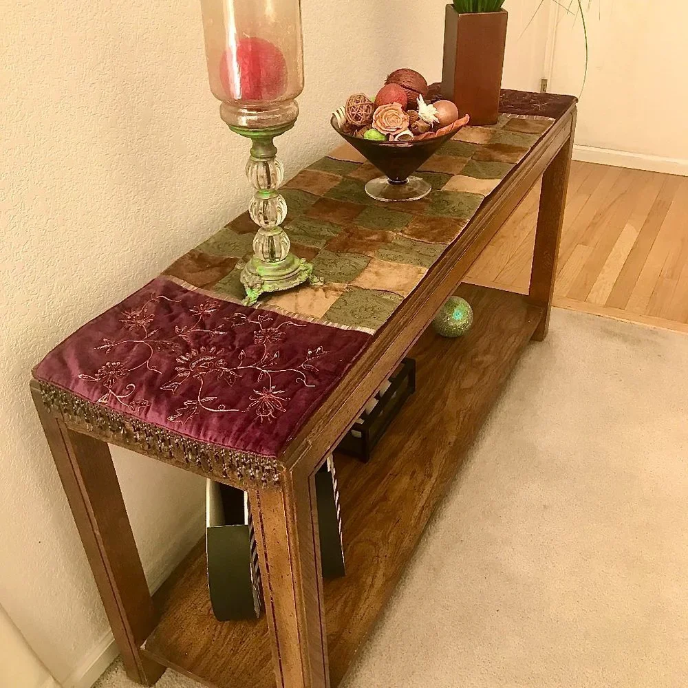 Z Gallerie Decorative Table Runner Velvet & Silk Patchwork w Beads 14